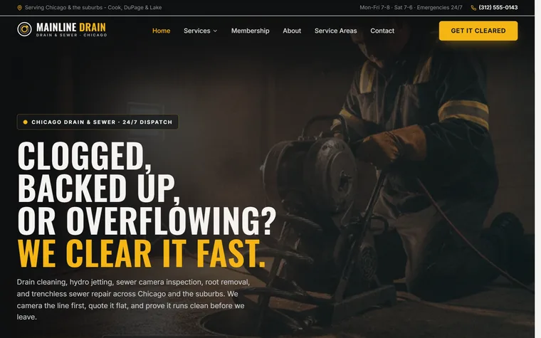 Drain Cleaning & Sewer website example - Mainline Drain & Sewer home page