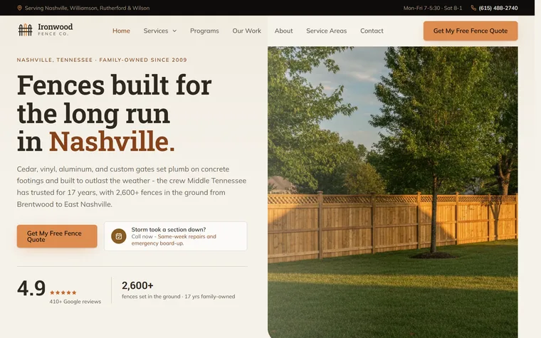 Fencing website example - Ironwood Fence Co. home page