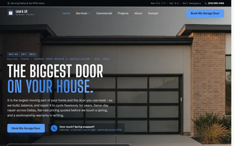 Garage Door Repair & Installation website example - Lintel & Lift Garage Doors home page