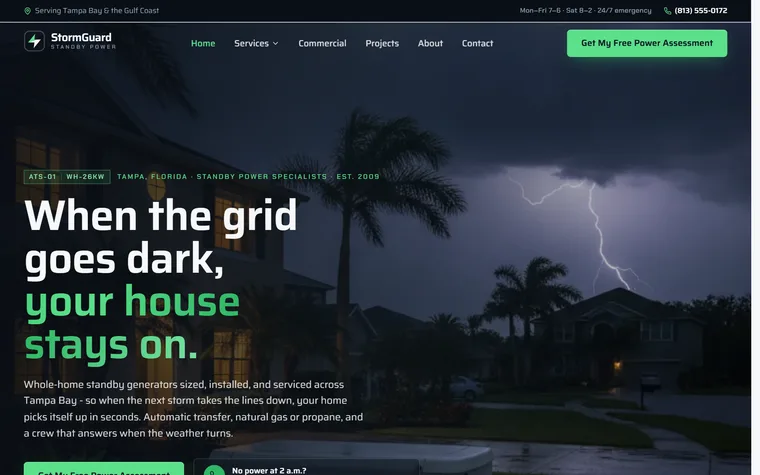 Generator Installation & Repair website example - StormGuard Power home page