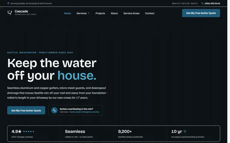 Gutters website example - Cascade Seamless Gutters home page