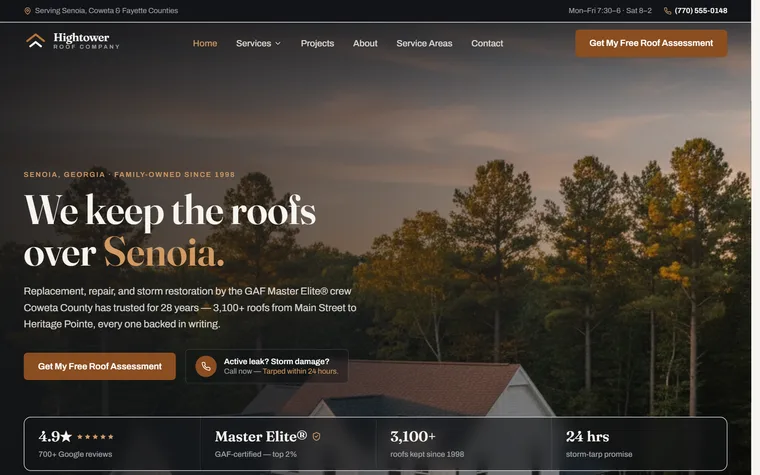 Roofing website example - Hightower Roof Company home page