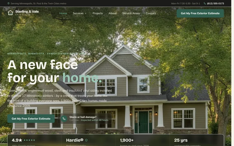 Siding website example - Sterling & Vale Exteriors home page