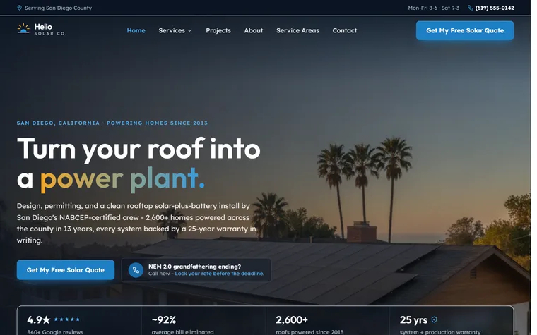 Solar Panel Installation website example - Helio Solar Co. home page