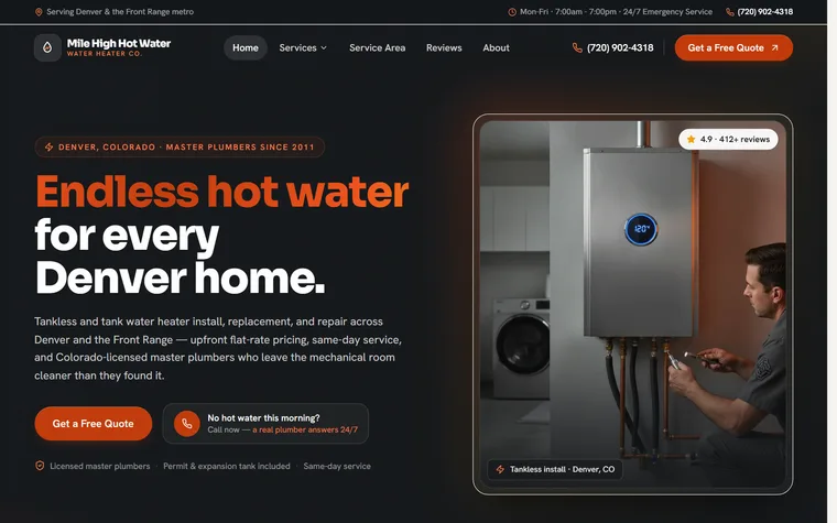 Water Heater Services website example - Mile High Hot Water Co. home page