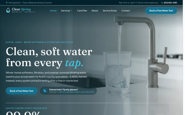 Water Treatment & Water Softeners website example - Clear Spring Water Co. home page
