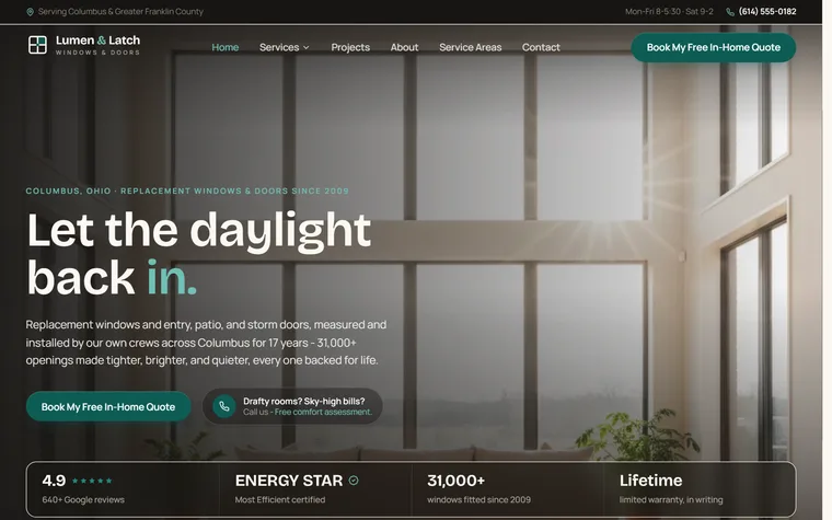 Windows & Doors website example - Lumen & Latch home page